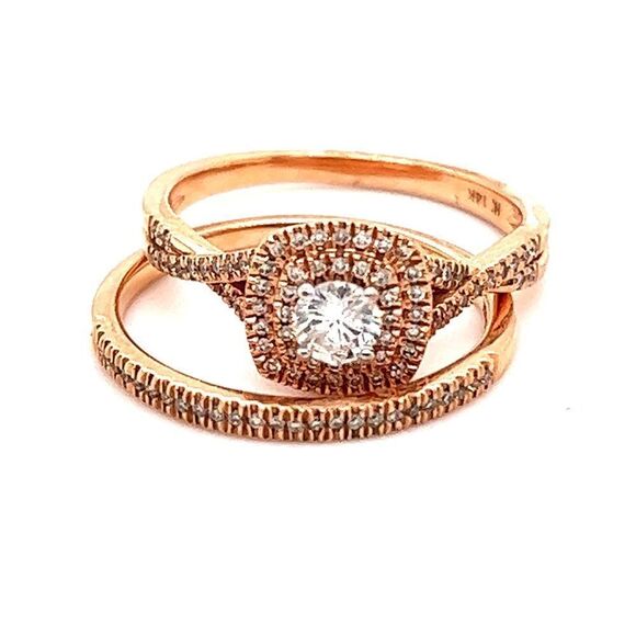 Stunning 14k Rose Gold Diamond Ring with Matching Band Set - Picture 1 of 13